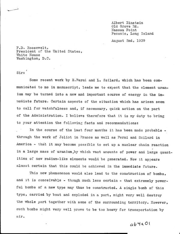Albert Einstein's handwritten letter to President Roosevelt, 1939